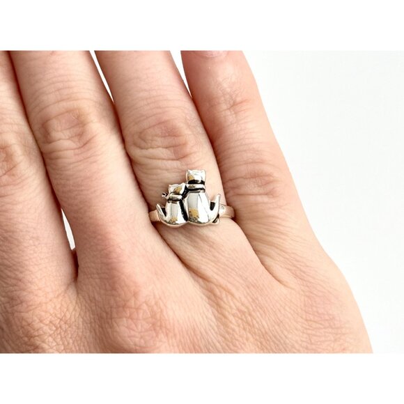 Twin Kitty Cat Polished Sterling Silver Vintage Minimalist 925 Band Ring - sz 6 - Picture 13 of 14